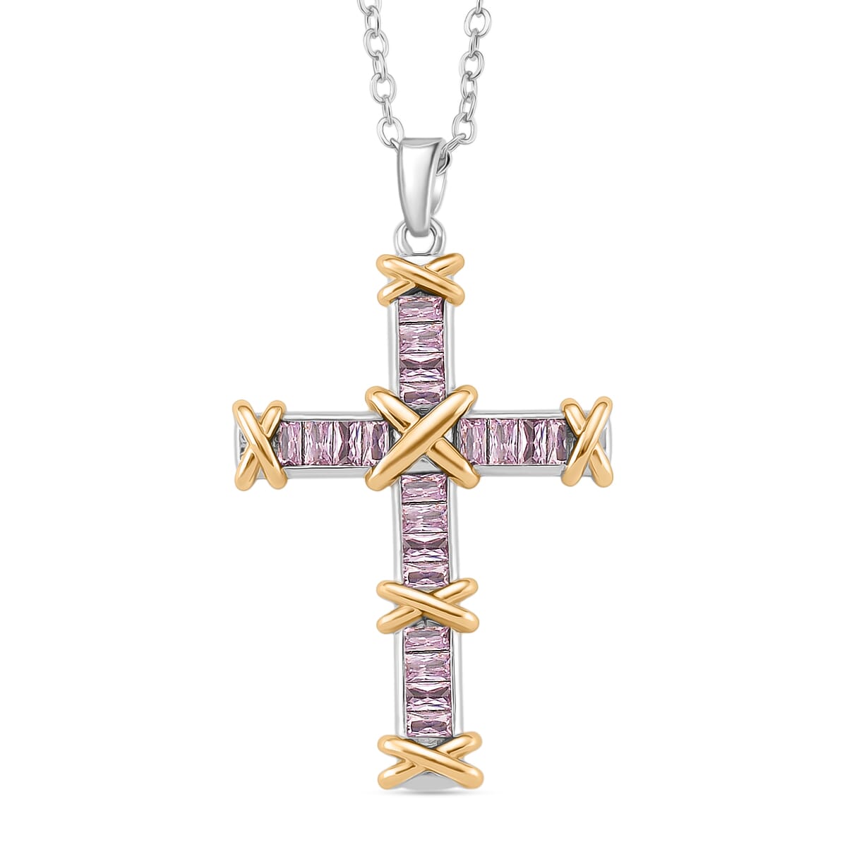 Karis Simulated Pink Diamond XOXO Cross Pendant Necklace In 18K YG Plated and Platinum Bond 20-22 Inches image number 0