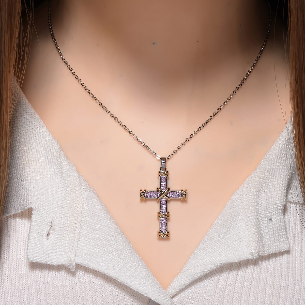 Karis Simulated Pink Diamond XOXO Cross Pendant Necklace In 18K YG Plated and Platinum Bond 20-22 Inches image number 1