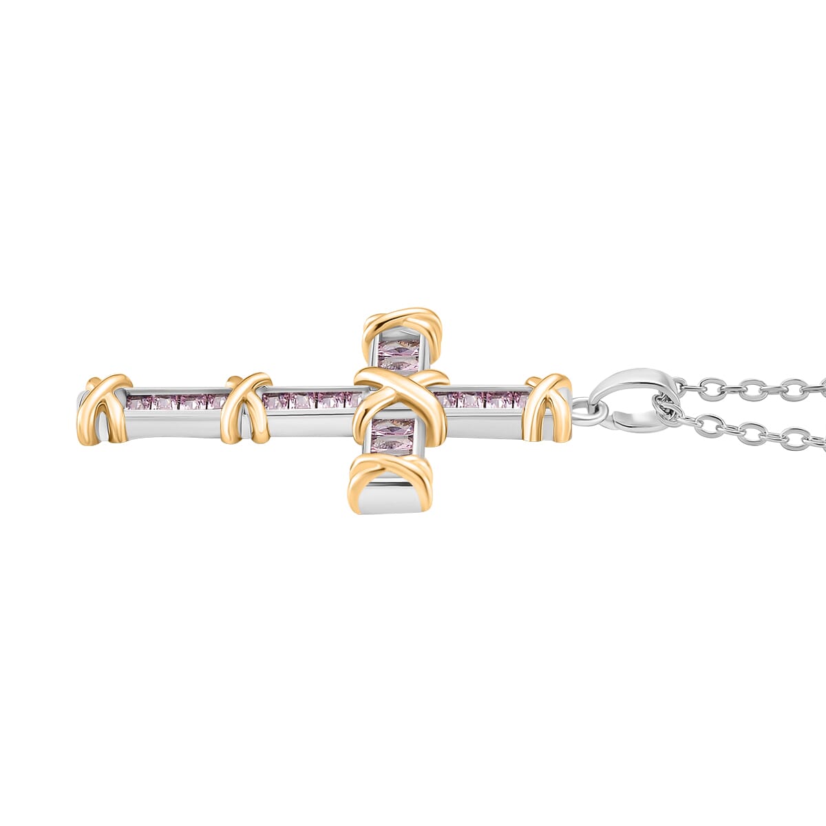 Karis Simulated Pink Diamond XOXO Cross Pendant Necklace In 18K YG Plated and Platinum Bond 20-22 Inches image number 2