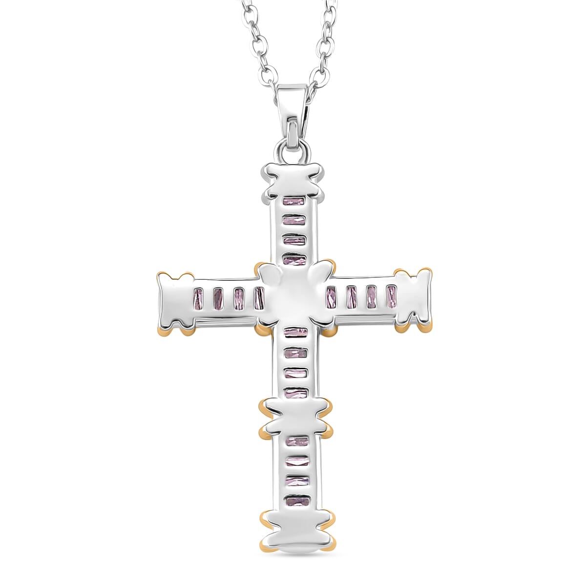 Karis Simulated Pink Diamond XOXO Cross Pendant Necklace In 18K YG Plated and Platinum Bond 20-22 Inches image number 3