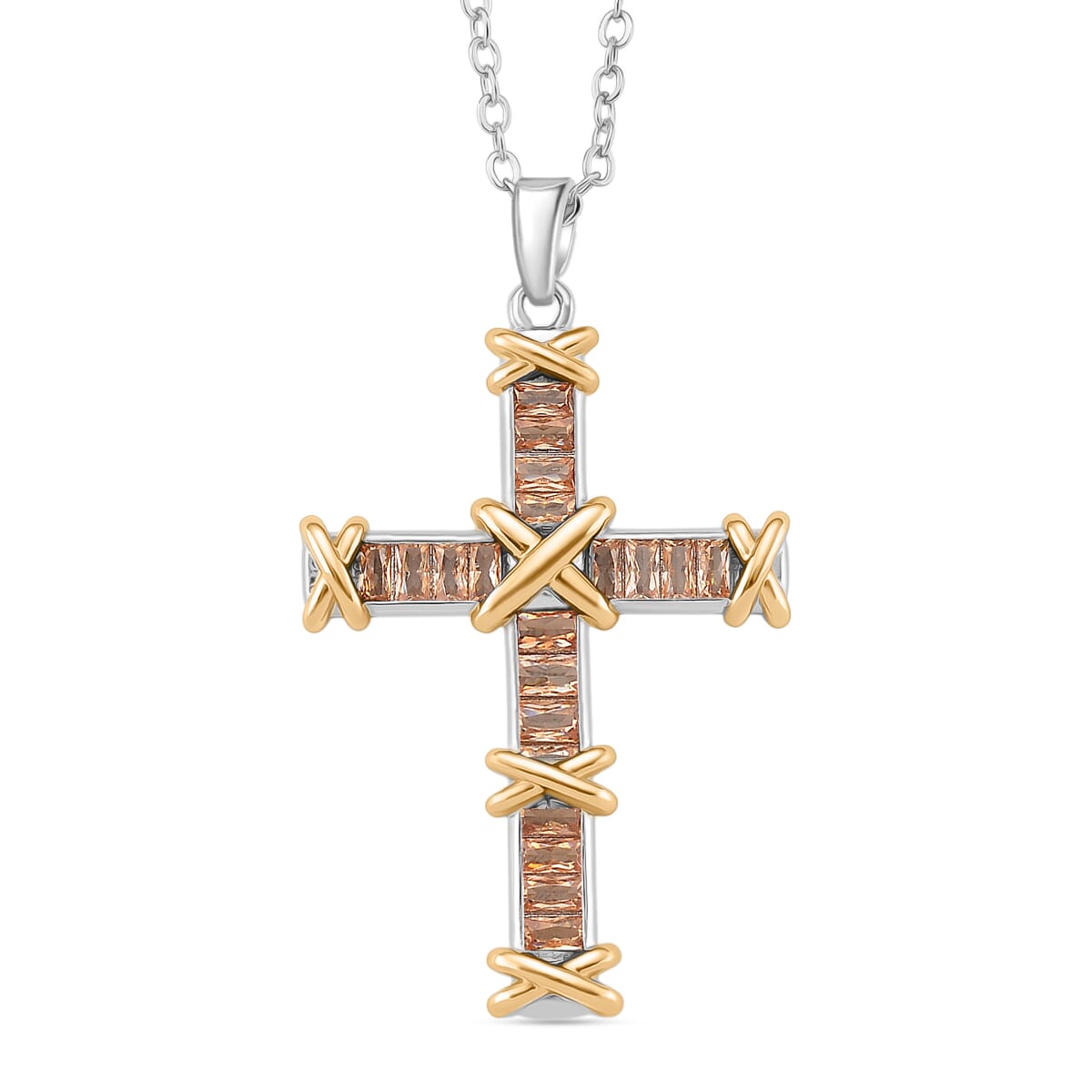 Karis Simulated Champagne Diamond XOXO Cross Pendant Necklace In 18K YG Plated and Platinum Bond 20-22 Inches image number 0