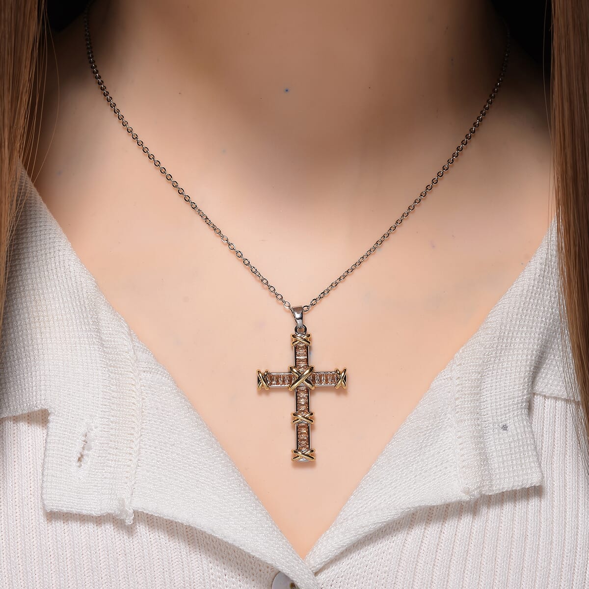 Karis Simulated Champagne Diamond XOXO Cross Pendant Necklace In 18K YG Plated and Platinum Bond 20-22 Inches image number 1