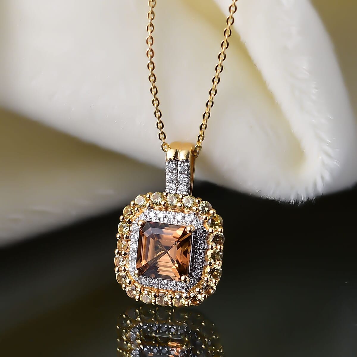 D'Joy AAA Golden Turkizite and Multi Gemstone 3.20 ctw Art Deco Pendant Necklace in 18K Vermeil Yellow Gold Over Sterling Silver 18 Inches image number 1
