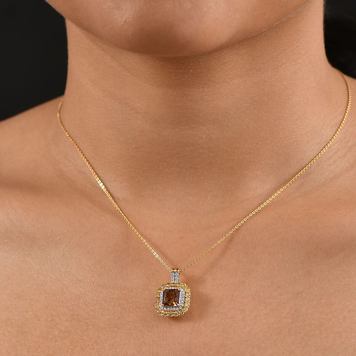 D'Joy AAA Golden Turkizite and Multi Gemstone 3.20 ctw Art Deco Pendant Necklace in 18K Vermeil Yellow Gold Over Sterling Silver 18 Inches image number 2