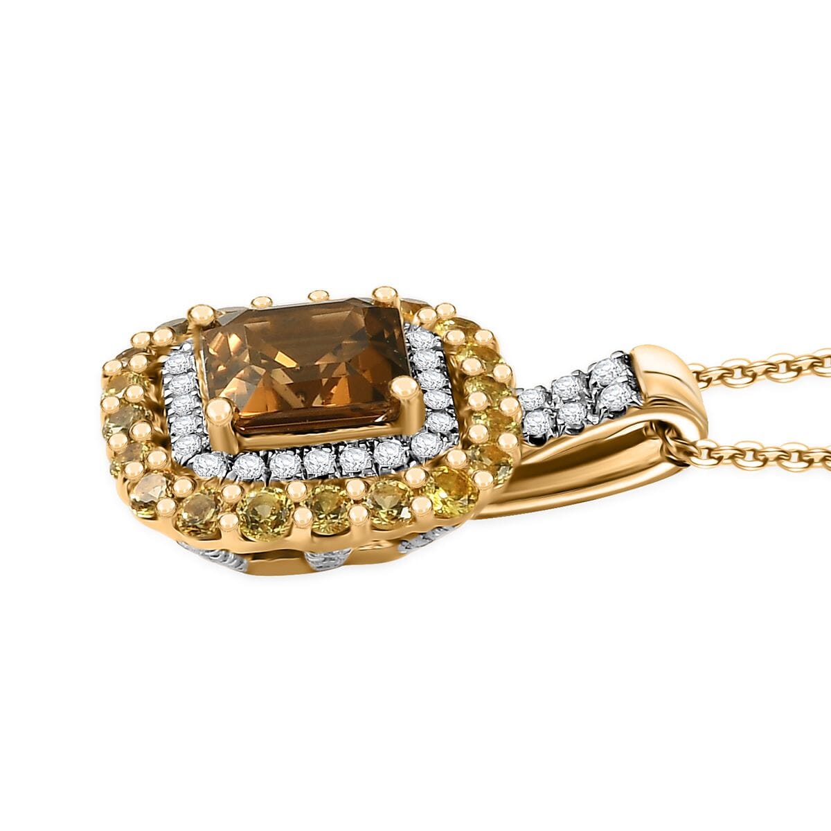 D'Joy AAA Golden Turkizite and Multi Gemstone 3.20 ctw Art Deco Pendant Necklace in 18K Vermeil Yellow Gold Over Sterling Silver 18 Inches image number 3