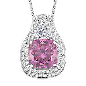 D'Joy Pink and White Moissanite Legacy Sparkle Pendant Necklace in Rhodium Over Sterling Silver 4.40 ctw (18 Inches)