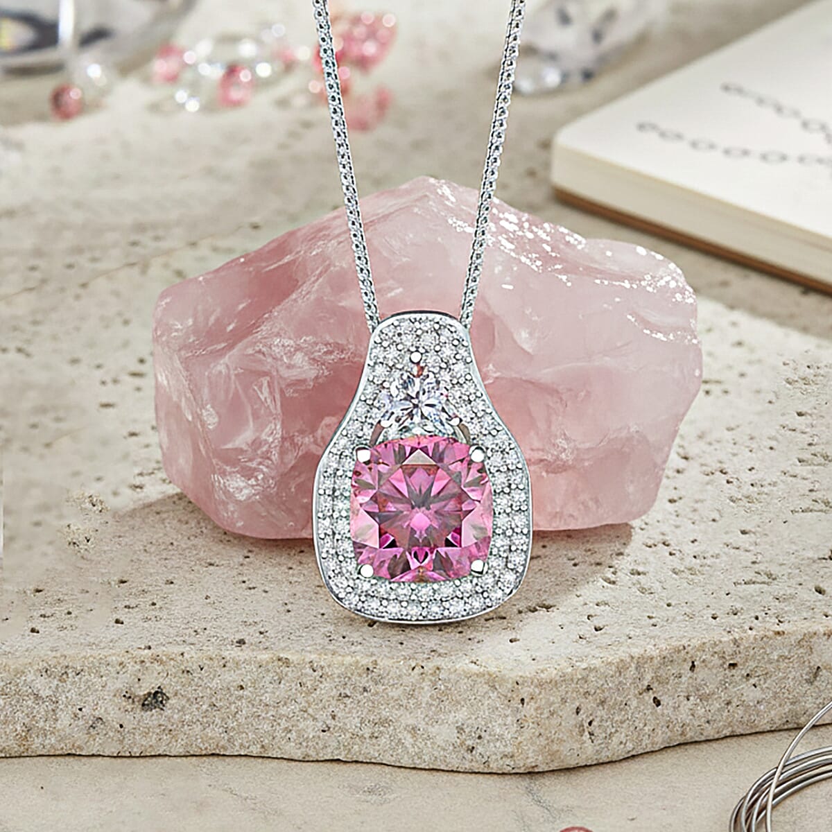 D'Joy Pink and White Moissanite Legacy Sparkle Pendant Necklace in Rhodium Over Sterling Silver 4.40 ctw (18 Inches) image number 1