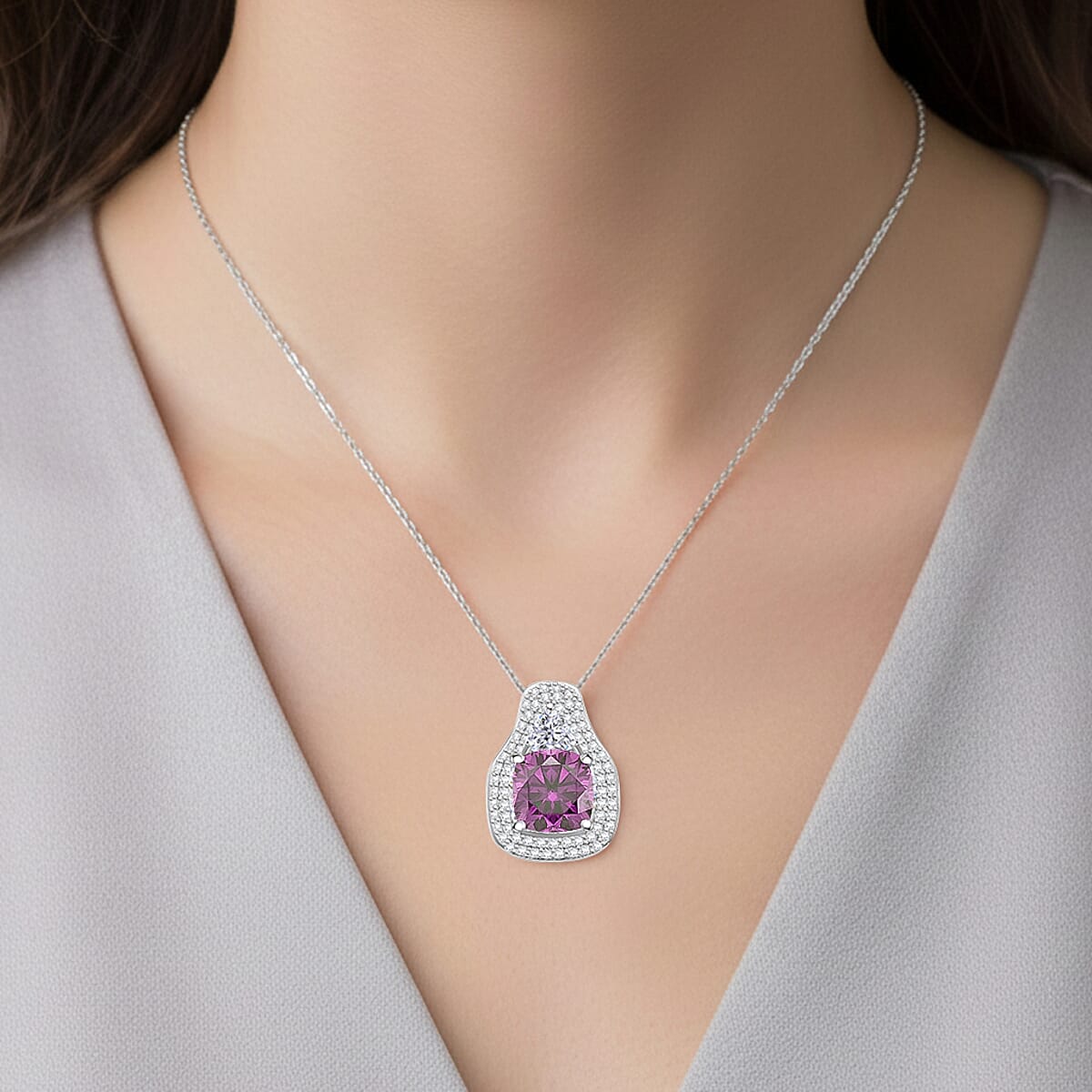 D'Joy Pink and White Moissanite Legacy Sparkle Pendant Necklace in Rhodium Over Sterling Silver 4.40 ctw (18 Inches) image number 2