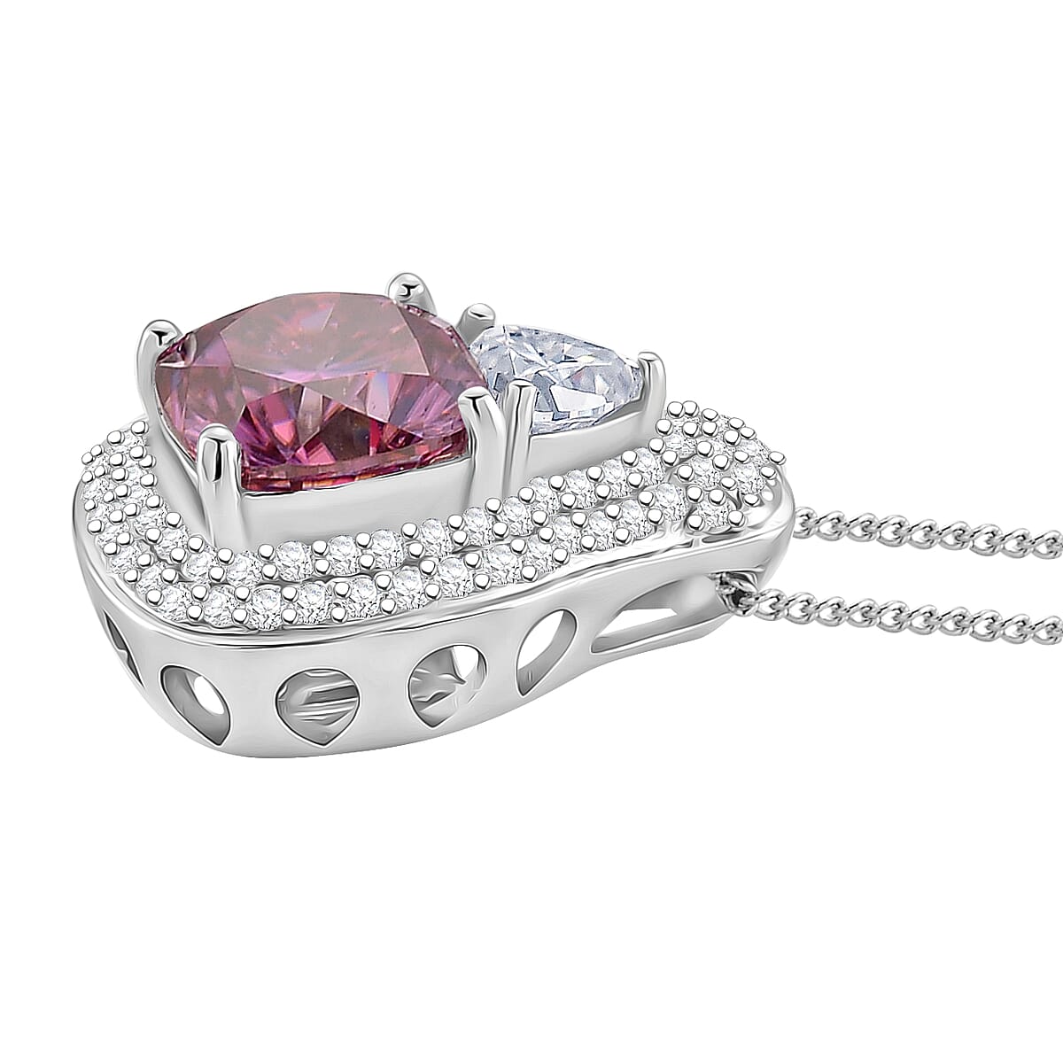 D'Joy Pink and White Moissanite Legacy Sparkle Pendant Necklace in Rhodium Over Sterling Silver 4.40 ctw (18 Inches) image number 3