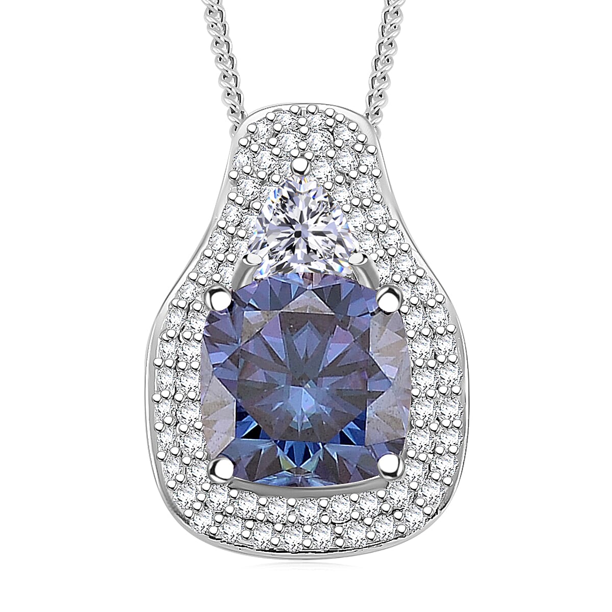D'Joy Moissanite (Cush 9x9mm) Pendant Necklace (18 Inches) in Rhodium Over Sterling Silver 4.40 ctw