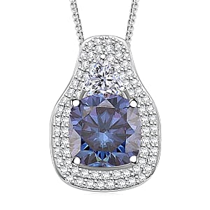 D'Joy Blue and White Moissanite Legacy Sparkle Pendant Necklace in Rhodium Over Sterling Silver 4.40 ctw (18 Inches)
