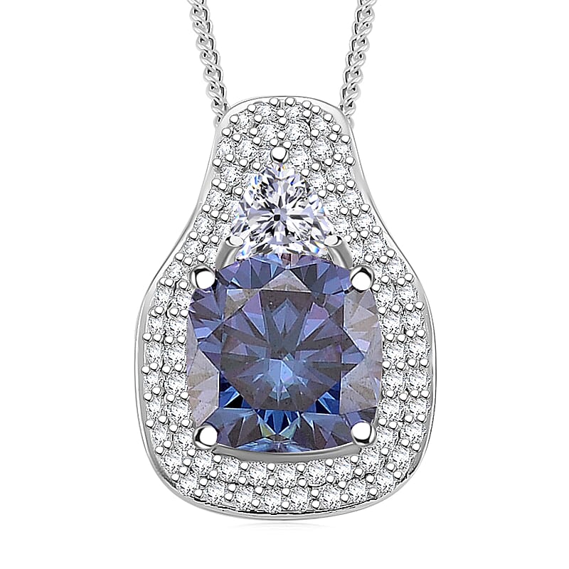 D'Joy Blue and White Moissanite Legacy Sparkle Pendant Necklace in Rhodium Over Sterling Silver 4.40 ctw (18 Inches)