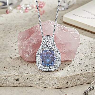 D'Joy Blue and White Moissanite Legacy Sparkle Pendant Necklace in Rhodium Over Sterling Silver 4.40 ctw (18 Inches)