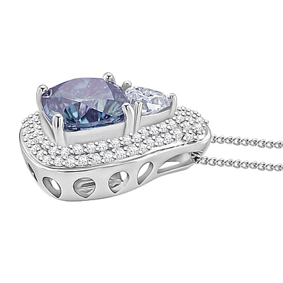 D'Joy Blue and White Moissanite Legacy Sparkle Pendant Necklace in Rhodium Over Sterling Silver 4.40 ctw (18 Inches)