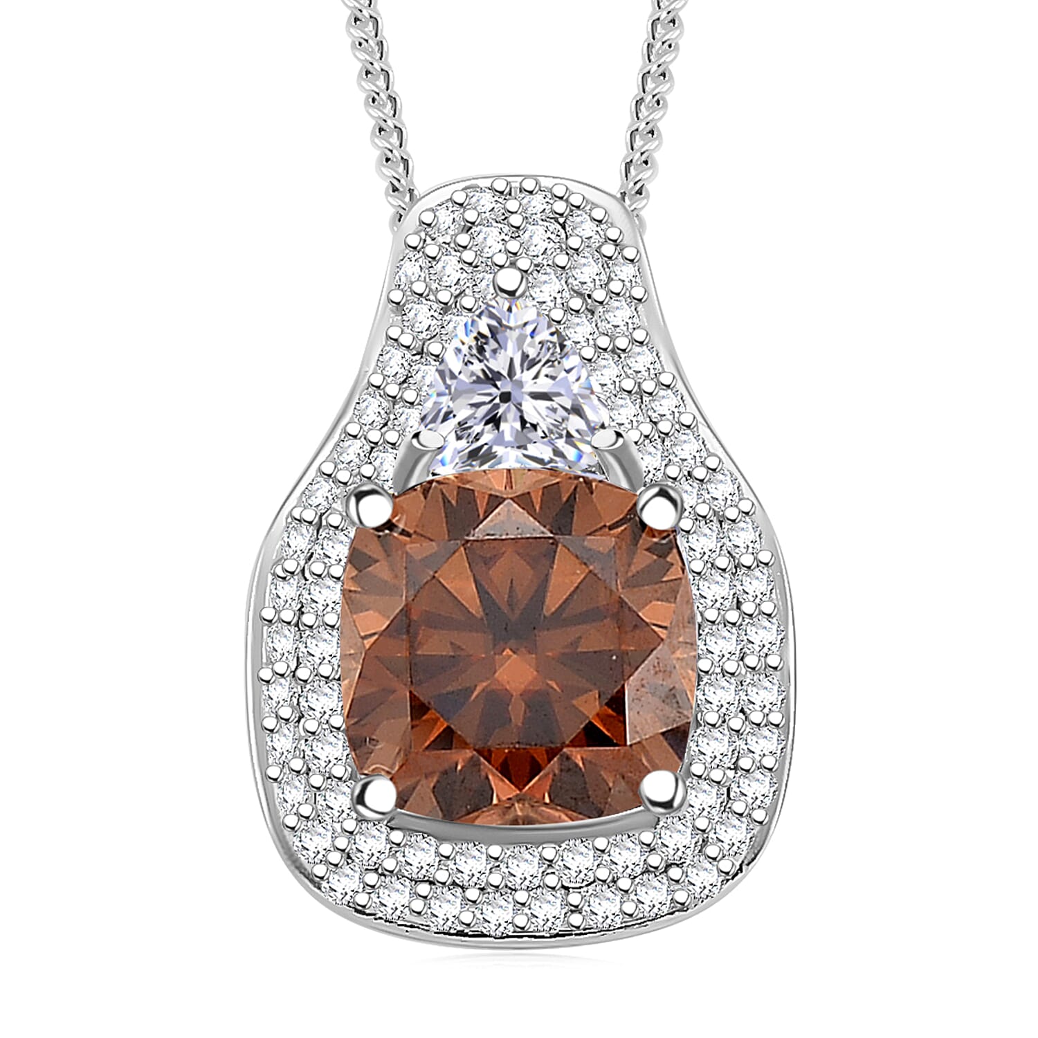 D'Joy Champagne and White Moissanite Legacy Sparkle Pendant Necklace in Rhodium Over Sterling Silver 4.40 ctw (18 Inches)