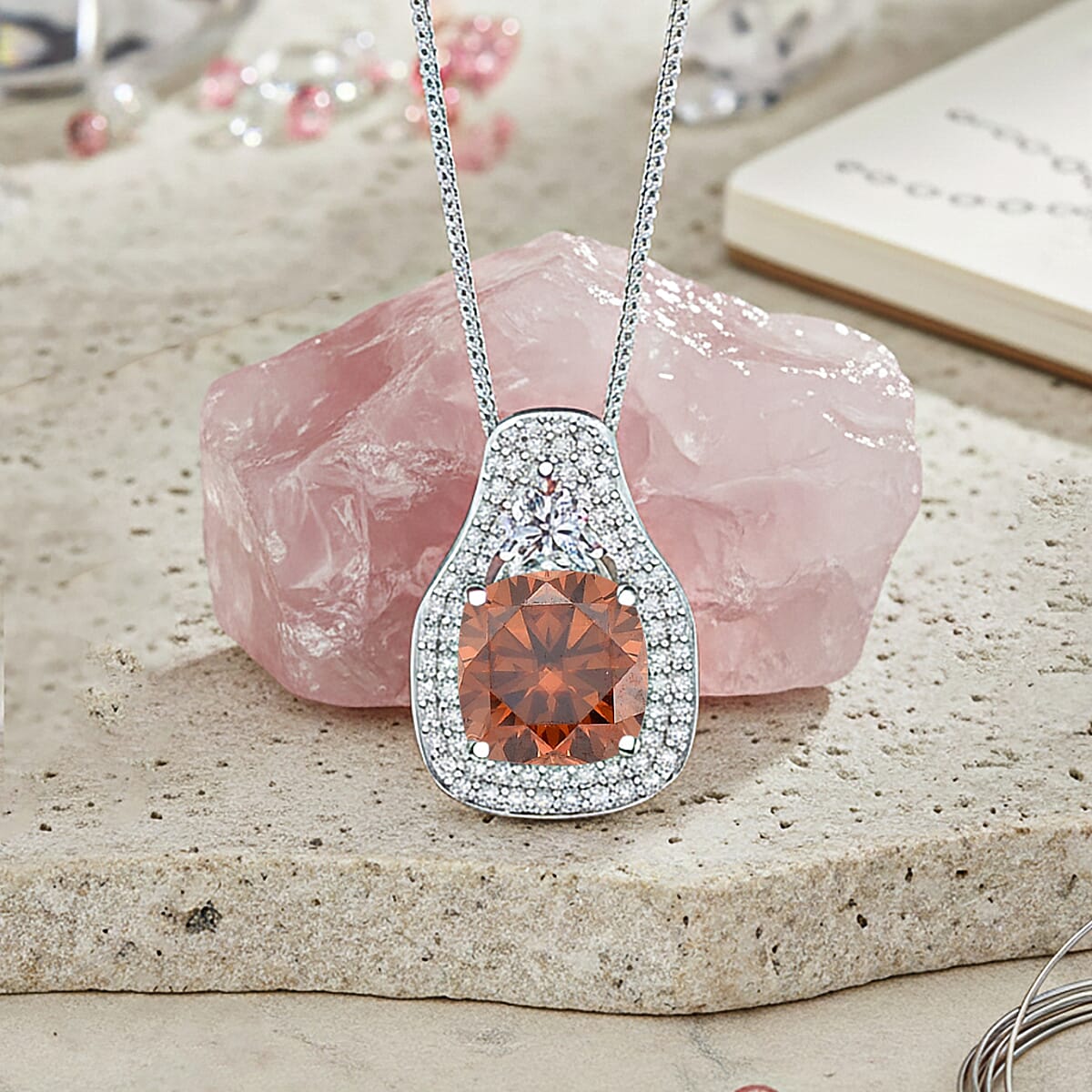 D'Joy Champagne and White Moissanite Legacy Sparkle Pendant Necklace in Rhodium Over Sterling Silver 4.40 ctw (18 Inches) image number 1