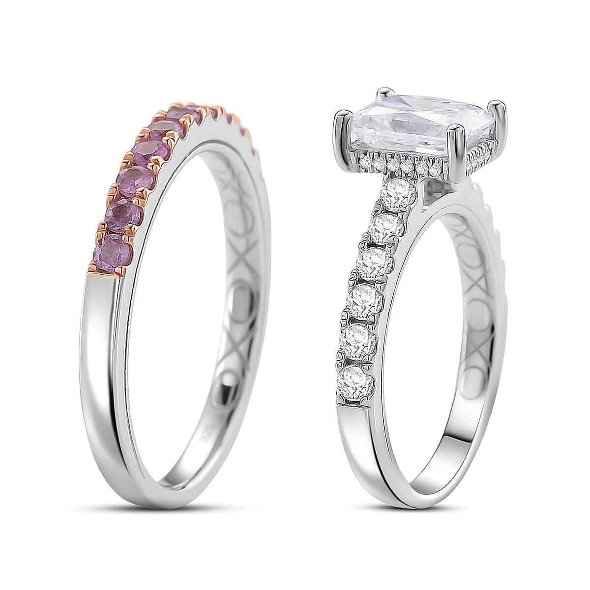 D'Joy Moissanite and Pink Sapphire 3.85 ctw Set of 2 Bridal Ring in Rhodium Over Sterling Silver (Size 5.0) image number 3