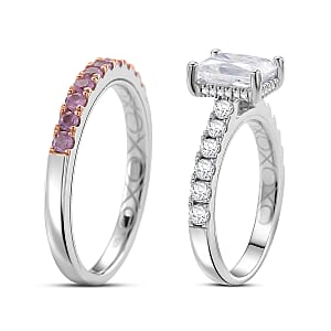 D'Joy Moissanite and Pink Sapphire 3.85 ctw Set of 2 Bridal Ring in Rhodium Over Sterling Silver (Size 5.0)