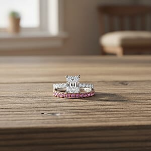D'Joy Moissanite and Pink Sapphire 3.85 ctw Set of 2 Bridal Ring in Rhodium Over Sterling Silver (Size 7.0)