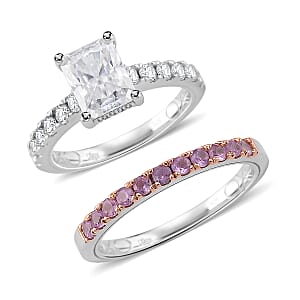 D'Joy Moissanite and Pink Sapphire 3.85 ctw Set of 2 Bridal Ring in Rhodium Over Sterling Silver (Size 9.0)
