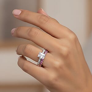 D'Joy Moissanite and Pink Sapphire 3.85 ctw Set of 2 Bridal Ring in Rhodium Over Sterling Silver (Size 10.0)