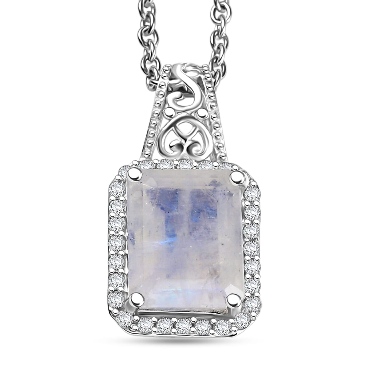 D'Joy Moon Glow Moonstone and White Zircon 3.70 ctw Art Deco Pendant in Platinum Over Sterling Silver with Stainless Steel Necklace 20 Inches image number 0