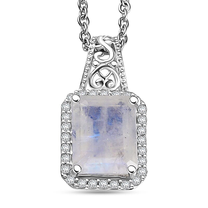 D'Joy Moon Glow Moonstone and White Zircon 3.70 ctw Art Deco Pendant in Platinum Over Sterling Silver with Stainless Steel Necklace 20 Inches