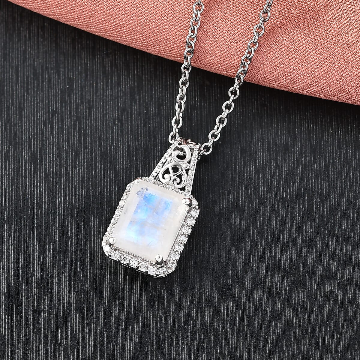 D'Joy Moon Glow Moonstone and White Zircon 3.70 ctw Art Deco Pendant in Platinum Over Sterling Silver with Stainless Steel Necklace 20 Inches image number 1