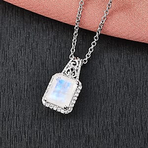 D'Joy Moon Glow Moonstone and White Zircon 3.70 ctw Art Deco Pendant in Platinum Over Sterling Silver with Stainless Steel Necklace 20 Inches