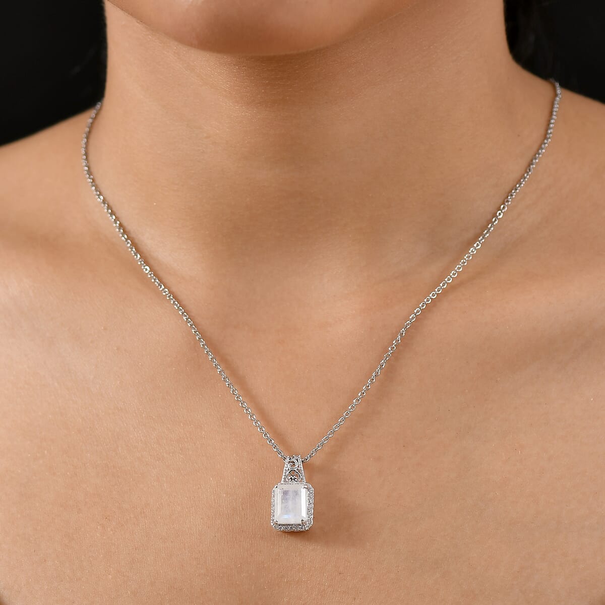 D'Joy Moon Glow Moonstone and White Zircon 3.70 ctw Art Deco Pendant in Platinum Over Sterling Silver with Stainless Steel Necklace 20 Inches image number 2