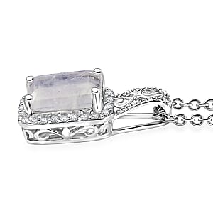 D'Joy Moon Glow Moonstone and White Zircon 3.70 ctw Art Deco Pendant in Platinum Over Sterling Silver with Stainless Steel Necklace 20 Inches