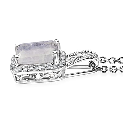 D'Joy Moon Glow Moonstone and White Zircon 3.70 ctw Art Deco Pendant in Platinum Over Sterling Silver with Stainless Steel Necklace 20 Inches