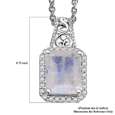 D'Joy Moon Glow Moonstone and White Zircon 3.70 ctw Art Deco Pendant in Platinum Over Sterling Silver with Stainless Steel Necklace 20 Inches