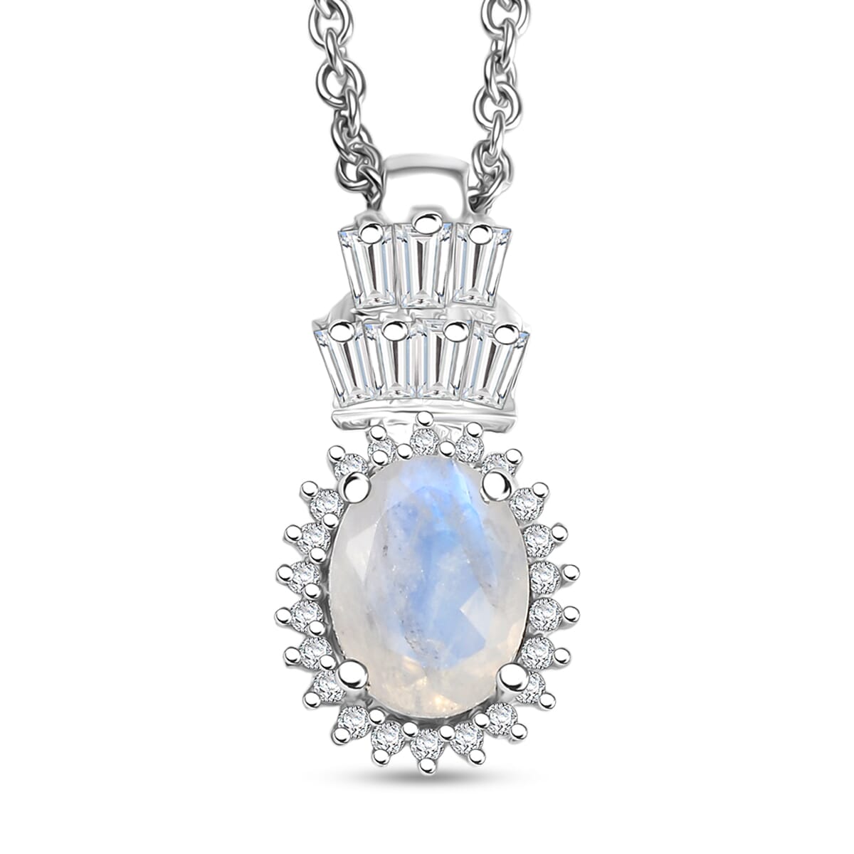 D'Joy Moon Glow Moonstone and White Zircon 1.70 ctw Moonlit Majesty Pendant Necklace 20 Inches in Platinum Over Sterling Silver image number 0