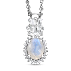D'Joy Moon Glow Moonstone and White Zircon 1.70 ctw Moonlit Majesty Pendant Necklace 20 Inches in Platinum Over Sterling Silver