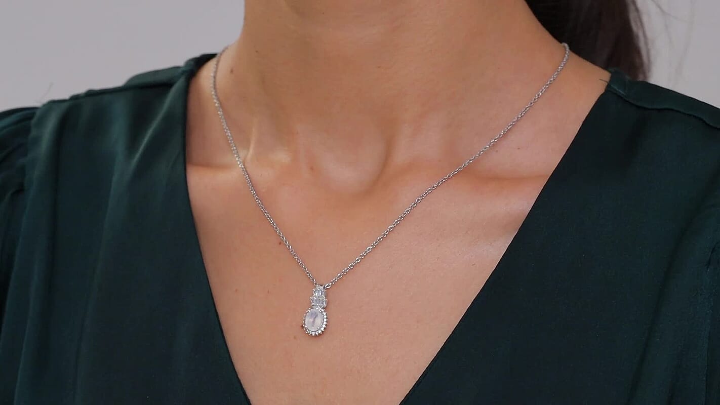 D'Joy Moon Glow Moonstone and White Zircon 1.70 ctw Moonlit Majesty Pendant in Platinum Over Sterling Silver with Stainless Steel Necklace 20 Inches