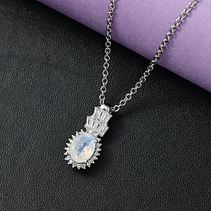 D'Joy Moon Glow Moonstone and White Zircon 1.70 ctw Moonlit Majesty Pendant in Platinum Over Sterling Silver with Stainless Steel Necklace 20 Inches