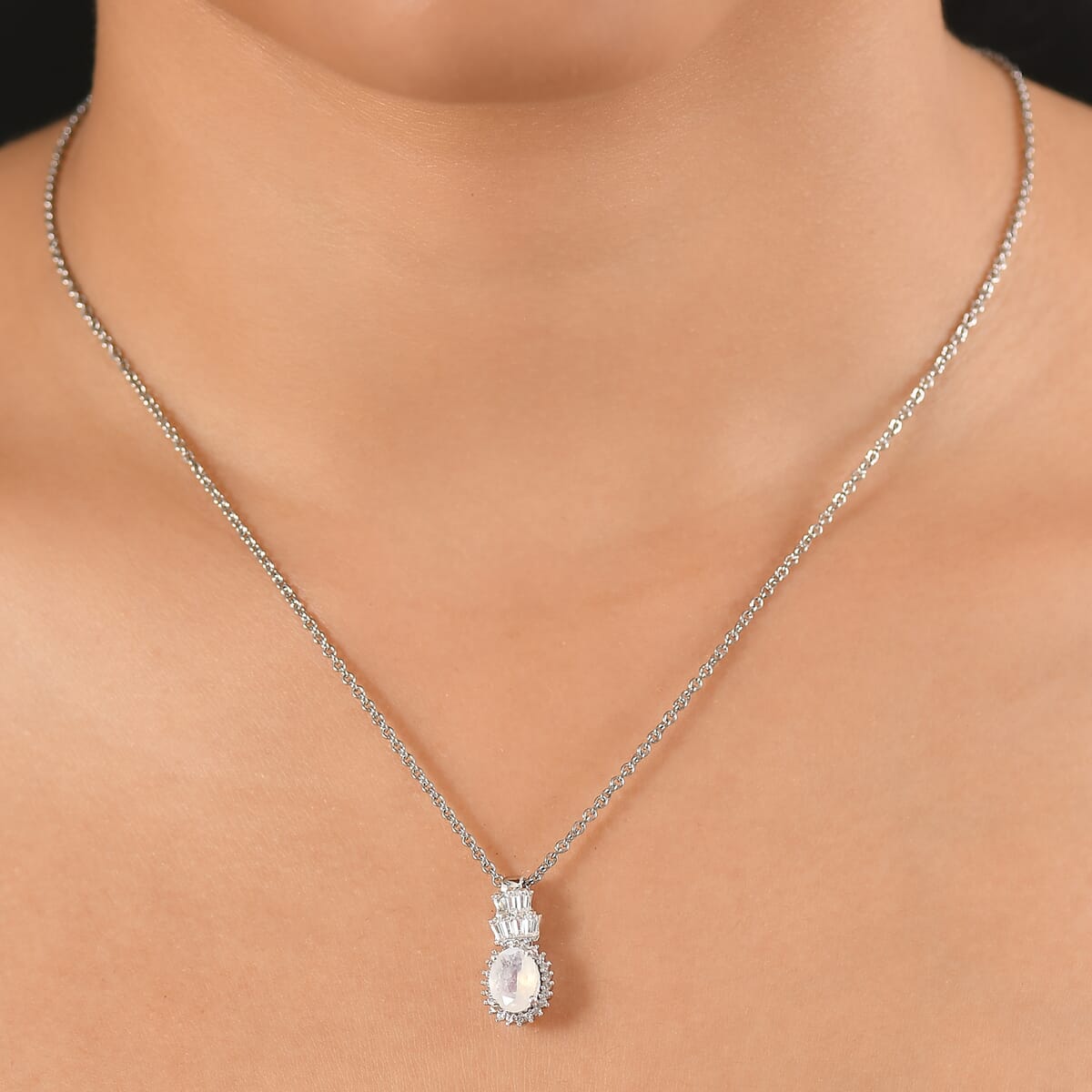 D'Joy Moon Glow Moonstone and White Zircon 1.70 ctw Moonlit Majesty Pendant Necklace 20 Inches in Platinum Over Sterling Silver image number 2