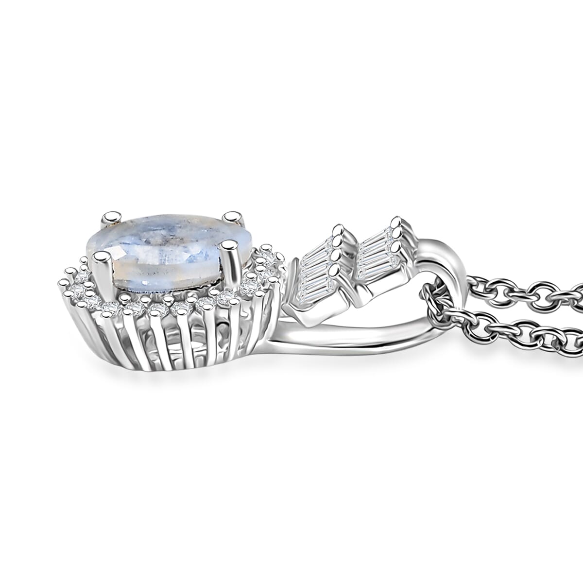 D'Joy Moon Glow Moonstone and White Zircon 1.70 ctw Moonlit Majesty Pendant Necklace 20 Inches in Platinum Over Sterling Silver image number 3