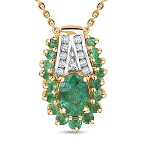D'Joy Kagem Zambian Emerald and White Zircon 1.60 ctw Pendant Necklace in Vermeil Yellow Gold Over Sterling Silver (20 Inches)