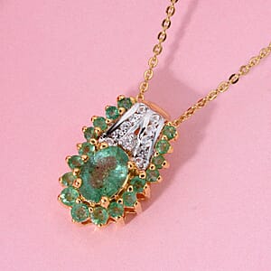 D'Joy Kagem Zambian Emerald and White Zircon 1.60 ctw Pendant Necklace in Vermeil Yellow Gold Over Sterling Silver (20 Inches)