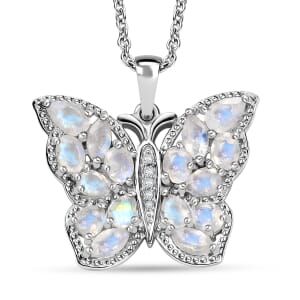 Karis Moon Glow Moonstone and White Zircon 2.65 ctw Moonfly Muse Pendant in Platinum Bond with Stainless Steel Necklace 20 Inches