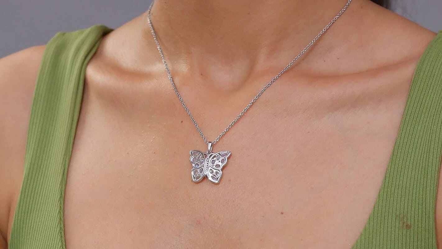 Karis Moon Glow Moonstone and White Zircon 2.65 ctw Moonfly Muse Pendant in Platinum Bond with Stainless Steel Necklace 20 Inches