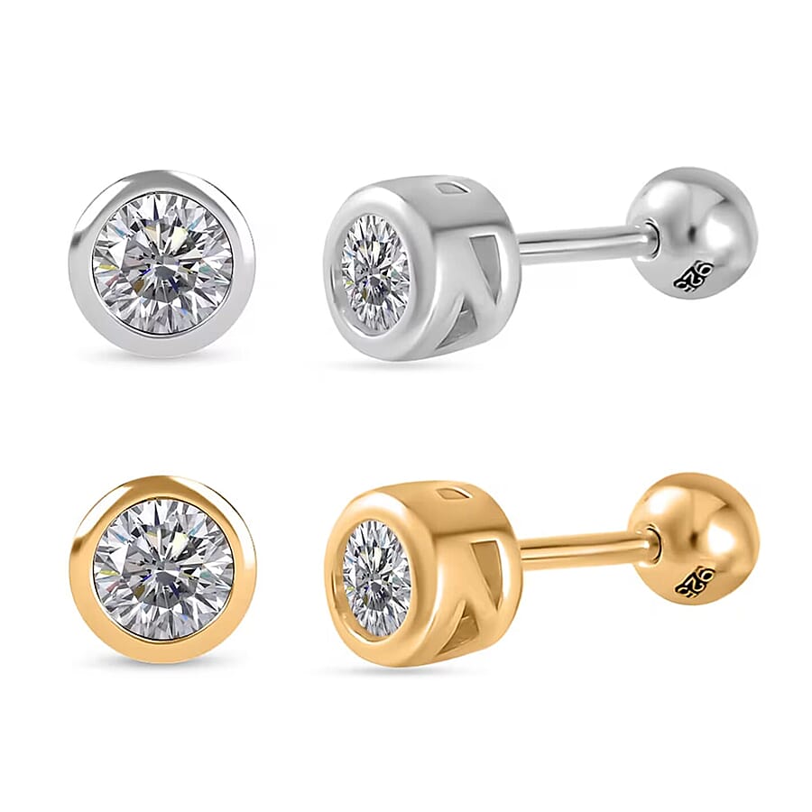 Set of 2 - Poke Free Moissanite Stud Earrings in Vermeil YG and Rhodium Over Sterling Silver 1.00 ctw (Del. In 10-12 Days)
