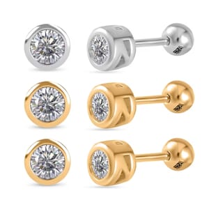 Poke Free Set of 3 Moissanite 1.50 ctw Stud Earrings in Rhodium and Vermeil YG Over Sterling Silver