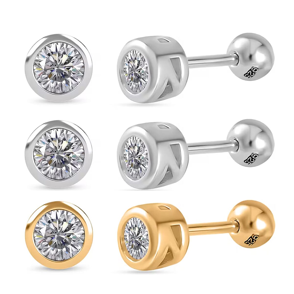 Poke Free Set of 3 Moissanite Stud Earrings in Vermeil YG and Rhodium Over Sterling Silver 1.50 ctw (Del. In 10-12 Days) image number 0