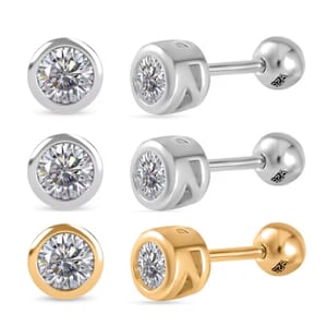 Poke Free Set of 3 Moissanite 1.50 ctw Stud Earrings in Vermeil YG and Rhodium Over Sterling Silver