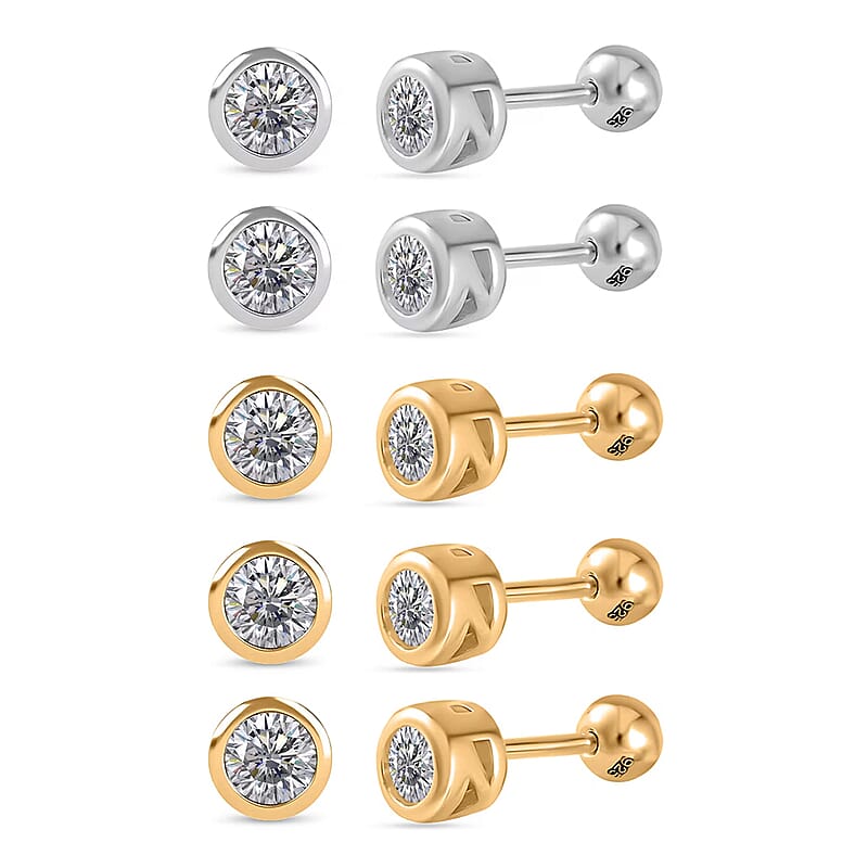 Set of 5 - Poke Free Moissanite Stud Earrings in Vermeil YG and Rhodium Over Sterling Silver 2.50 ctw