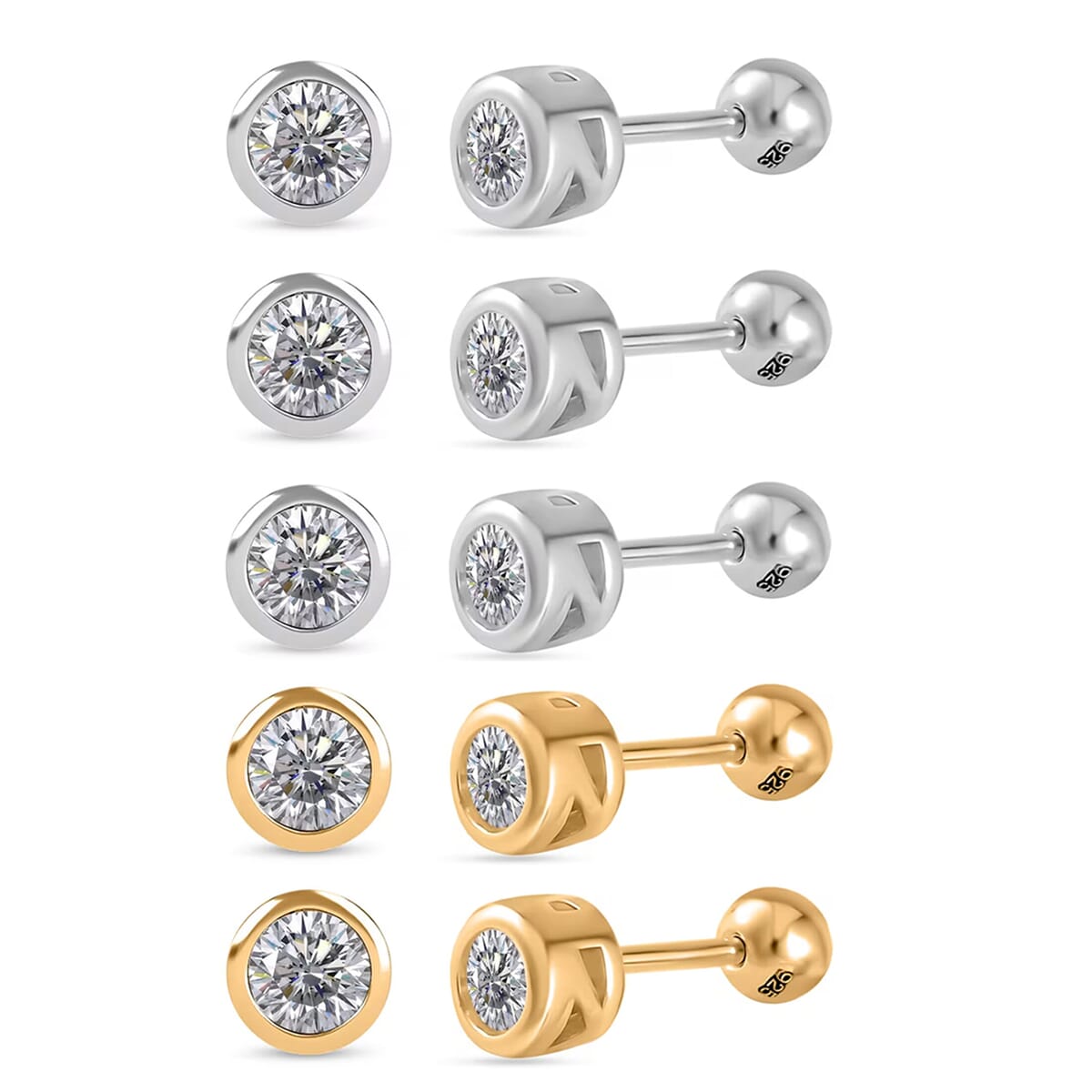 Poke Free Set of 5 Moissanite 2.50 ctw Stud Earrings in Rhodium Over and Vermeil Yellow Gold Over Sterling Silver image number 0