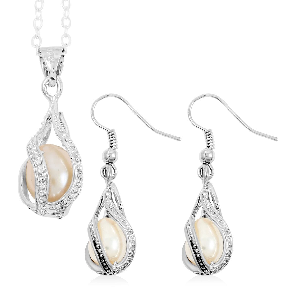2 Piece Set - Freshwater Pearl Earrings and Pendant Necklace 18 Inches in Silvertone image number 0